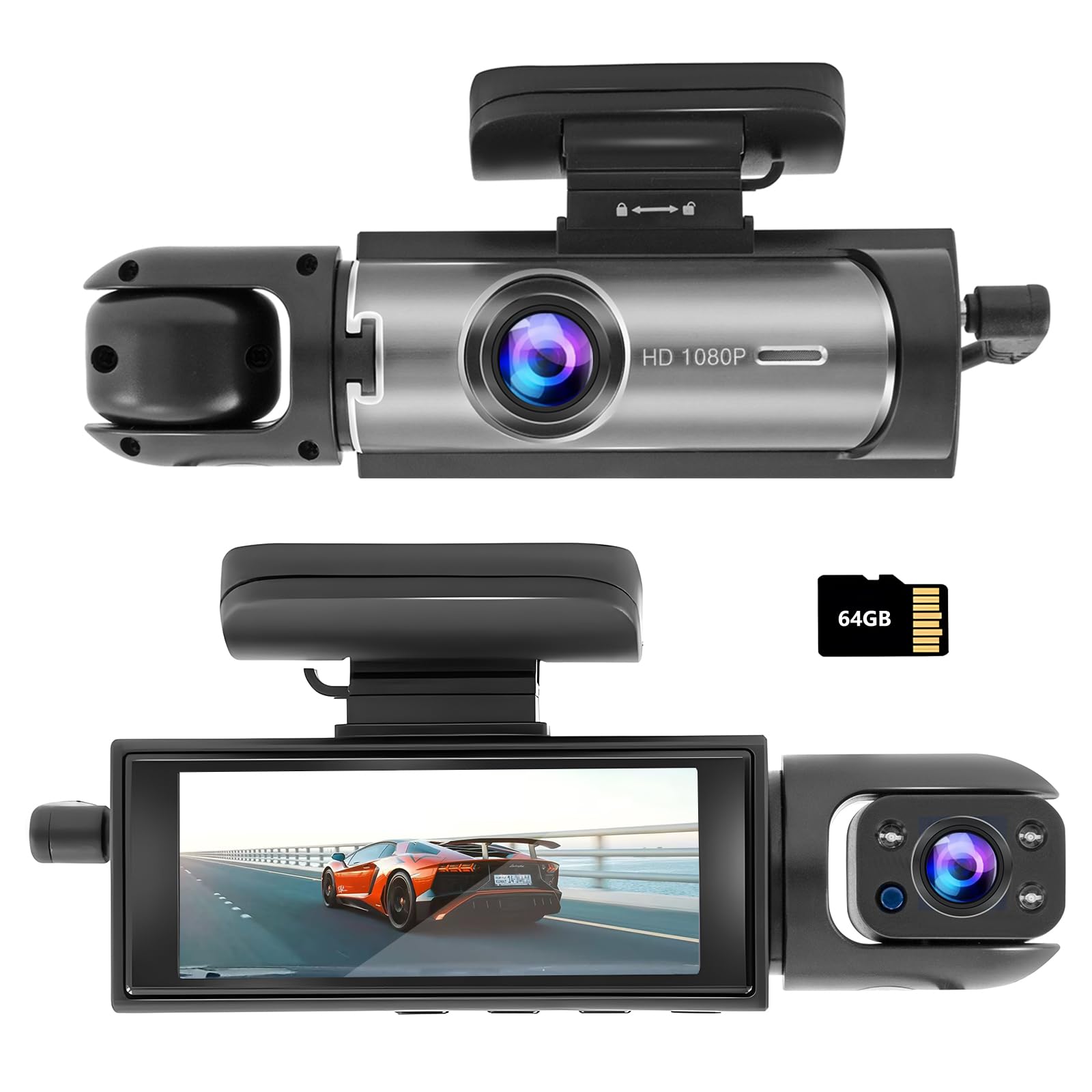 Dash Cam Front And Inside,Dash Camera For Cars 3.16Inch Dash Cam 1080P,64G Card,G Sensor Hd Night Vision Loop Recording Wide Ang